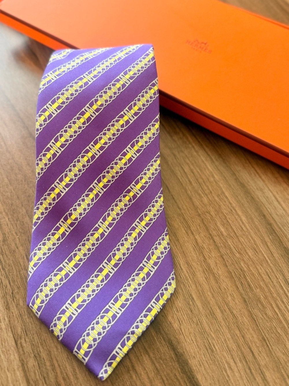 Hermes Purple and Gold Diagonal Stripe Silk Tie - Original Box
